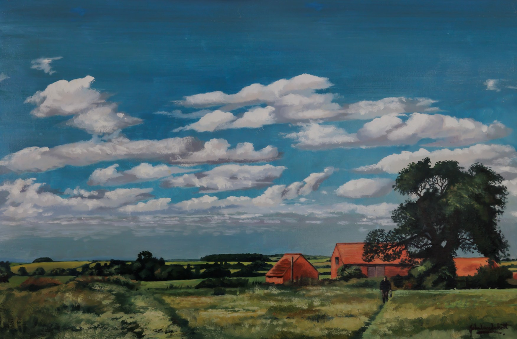Wide landscape beneath a blue sky with scattered clouds